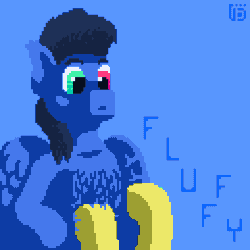 Size: 600x600 | Tagged: safe, artist:vohd, imported from derpibooru, oc, oc only, oc:glorious shark, oc:vohd, earth pony, pegasus, pony, animated, chest fluff, gif, heterochromia, pixel art, solo focus, stroking, surprised