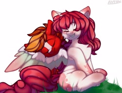 Size: 2048x1560 | Tagged: safe, artist:avery-valentine, imported from derpibooru, oc, oc only, earth pony, pony, brown mane, colored wings, commission, couple, couples, eyes closed, grass, happy, looking at each other, multicolored hair, multicolored wings, red hair, simple background, sleeping, smiling, smiling at each other, spread wings, white background, wings, ych result