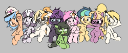 Size: 565x236 | Tagged: safe, artist:parfait, oc, oc only, oc:apogee, oc:butter berry, oc:dyx, oc:filly anon, oc:kayla, oc:little league, oc:luftkrieg, oc:nyx, oc:zala, alicorn, earth pony, pegasus, pony, unicorn, aggie.io, female, filly, mare, open mouth, raised hoof, simple background, sitting, smiling