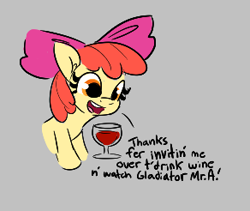 Size: 292x246 | Tagged: safe, apple bloom, earth pony, pony, aggie.io, alcohol, bow, dialogue, female, glass, implied anon, mare, open mouth, simple background, talking, wine, wine glass