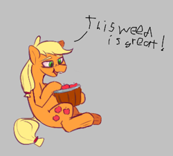 Size: 339x307 | Tagged: safe, applejack, earth pony, pony, aggie.io, apple, bucket, dialogue, eating, female, food, high, mare, open mouth, simple background, sitting, smiling, talking