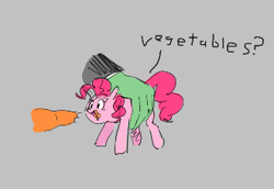 Size: 330x227 | Tagged: safe, artist:hattsy, pinkie pie, oc, oc:anon, earth pony, pony, aggie.io, carrot, female, food, force feeding, lowres, mare, open mouth, simple background, vegetables