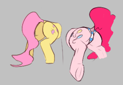 Size: 305x211 | Tagged: safe, fluttershy, pinkie pie, pony, aggie.io, butt, clothes, dock, female, lowres, mare, panties, plot, raised tail, simple background, stuck, tail, underwear