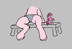 Size: 265x182 | Tagged: safe, pinkie pie, earth pony, pony, aggie.io, bench, clothes, female, food, ice cream, mare, micro, panties, simple background, sitting, spread legs, spreading, underwear