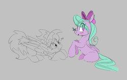 Size: 707x448 | Tagged: safe, artist:hattsy, artist:pabbley, cloudchaser, flitter, gallus, pegasus, pony, aggie.io, blushing, crouching, female, mare, micro, open mouth, simple background, sitting, smiling