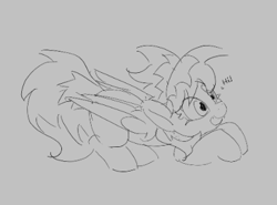 Size: 402x298 | Tagged: safe, artist:pabbley, cloudchaser, pegasus, pony, aggie.io, crouching, female, lowres, mare, monochrome, open mouth, simple background, smiling