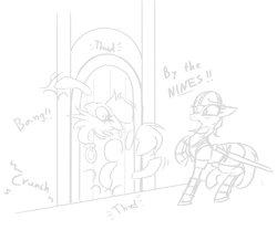 Size: 2658x2216 | Tagged: safe, artist:fenixdust, oc, oc only, earth pony, pony, armor, body horror, castle, door, error, glitch, monochrome, open mouth, suprised, sword, torch, wat, weapon, wip