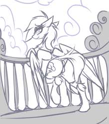 Size: 2256x2581 | Tagged: safe, artist:fenixdust, rainbow dash, pegasus, pony, butt, clothes, cloud, dock, looking back, monochrome, panties, plot, railing, sky, smiling, socks, spread wings, sunset, underwear, wings, wip