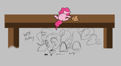 Size: 615x337 | Tagged: safe, artist:hattsy, artist:tjpones, pinkie pie, earth pony, insect, pony, aggie.io, ants, belly, cookie, food, micro, on back, simple background, smiling, table, tongue out