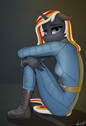 Size: 881x1280 | Tagged: safe, artist:apocheck13, imported from derpibooru, oc, oc:velvet remedy, anthro, unicorn, fallout equestria, clothes, jumpsuit, looking at you