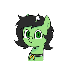 Size: 800x800 | Tagged: safe, artist:omelettepony, imported from ponybooru, oc, oc only, oc:filly anon, earth pony, pony, bust, egg (food), female, filly, food, looking at you, neckerchief, simple background, solo, tiny, tiny ponies, white background