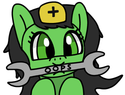 Size: 1420x1080 | Tagged: artist needed, safe, imported from ponybooru, oc, oc:filly anon, earth pony, pony, female, filly, hat, oops, wrench