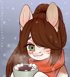 Size: 2150x2366 | Tagged: safe, artist:strontium, imported from ponybooru, oc, earth pony, pony, chocolate, clothes, comfy, cute, earth pony oc, food, hot chocolate, looking at you, marshmallow, ponytail, scarf, snow, snowfall, snowflake, solo