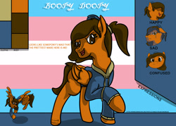 Size: 2100x1500 | Tagged: safe, artist:hemlock conium, imported from derpibooru, oc, oc:boopy doopy, pegasus, clothes, confused, dialogue, digital art, english, female, happy, jacket, mare, pegasus oc, prettiest mare, pretty, pride, pride flag, reference sheet, sad, simple background, solo, text, transgender, transgender pride flag, wings