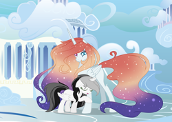 Size: 4093x2894 | Tagged: safe, artist:doraair, artist:stormcloud-yt, imported from derpibooru, oc, oc only, alicorn, pony, alicorn oc, base used, duo, ethereal mane, female, heterochromia, horn, mare, outdoors, starry mane, wings