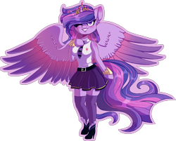 Size: 2466x1980 | Tagged: safe, artist:stormcloud-yt, imported from derpibooru, twilight sparkle, alicorn, anthro, the last problem, arm hooves, clothes, female, high heels, necktie, older, older twilight, one eye closed, princess twilight 2.0, shoes, simple background, skirt, socks, spread wings, stockings, thigh highs, transparent background, twilight sparkle (alicorn), wings, wink, zettai ryouiki