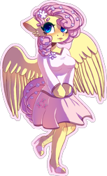 Size: 1181x1928 | Tagged: safe, artist:stormcloud-yt, imported from derpibooru, fluttershy, anthro, pegasus, blushing, clothes, dress, female, flower, flower in hair, high heels, shoes, simple background, skirt, smiling, solo, transparent background, wings