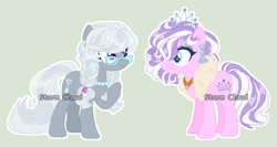 Size: 834x443 | Tagged: safe, artist:stormcloud-yt, imported from derpibooru, diamond tiara, silver spoon, earth pony, pony, base used, duo, female, jewelry, mare, necklace, older, older diamond tiara, older silver spoon, pearl necklace, raised hoof, simple background, tiara