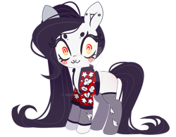Size: 1024x799 | Tagged: safe, artist:miioko, imported from derpibooru, oc, oc only, earth pony, pony, clothes, deviantart watermark, ear piercing, earth pony oc, eyelashes, obtrusive watermark, piercing, simple background, smiling, socks, solo, stockings, tattoo, thigh highs, transparent background, watermark