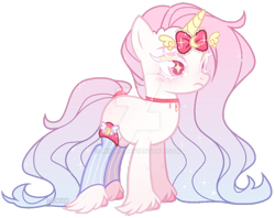 Size: 1024x813 | Tagged: safe, artist:miioko, imported from derpibooru, oc, oc only, pony, unicorn, bow, choker, deviantart watermark, hoof fluff, horn, horn bow, obtrusive watermark, simple background, solo, starry eyes, transparent background, unicorn oc, watermark, wingding eyes