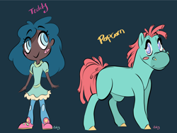 Size: 2732x2048 | Tagged: safe, artist:ask-y, imported from derpibooru, oc, oc only, oc:popcorn, oc:teddy, earth pony, human, pony, blush sticker, blushing, clothes, dark skin, duo, earth pony oc, shoes, simple background, skirt, smiling