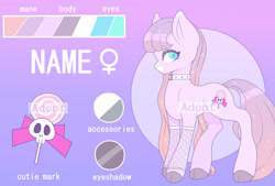 Size: 2950x2000 | Tagged: safe, artist:munrei, imported from derpibooru, oc, pony, adoptable, adoption, auction, auction open, blue eyes, bow, candy, choker, clothes, cute, cutie mark, female, food, gloves, lollipop, mare, simple background, skull, solo, watermark