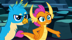 Size: 1920x1080 | Tagged: safe, imported from derpibooru, screencap, gallus, smolder, dragon, griffon, uprooted, dragoness, duo, female, gallus is not amused, hand on hip, male, smolder is not amused, unamused