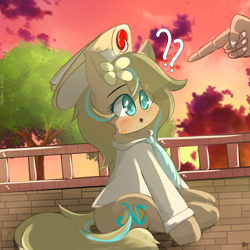 Size: 1280x1280 | Tagged: safe, artist:grithcourage, imported from derpibooru, oc, oc only, oc:grith courage, earth pony, human, pony, adorable face, afternoon, blushing, cap, clothes, cloud, colored pupils, cute, eye clipping through hair, eyebrows, eyebrows visible through hair, female, female focus, flower, flower in hair, hand, hat, necktie, open mouth, outdoors, piercing, question mark, sitting, sky, solo focus, thinking, tree