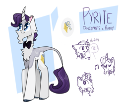 Size: 849x744 | Tagged: safe, artist:goldlines005, imported from derpibooru, oc, oc only, pony, unicorn, bowtie, chest fluff, horn, leonine tail, music notes, offspring, parent:fancypants, parent:rarity, parents:raripants, reference sheet, tail, unicorn oc