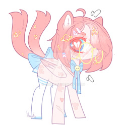 Size: 1024x1024 | Tagged: safe, artist:miioko, imported from derpibooru, oc, oc only, pony, aesthetics, bow, deviantart watermark, heart eyes, heartbreak, multiple tails, obtrusive watermark, simple background, solo, tail, tail bow, watermark, white background, wingding eyes