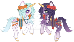 Size: 1024x578 | Tagged: safe, artist:miioko, imported from derpibooru, oc, oc only, pony, unicorn, base used, bridle, deviantart watermark, duo, floral head wreath, flower, horn, obtrusive watermark, rearing, simple background, starry eyes, tack, transparent background, unicorn oc, watermark, wingding eyes