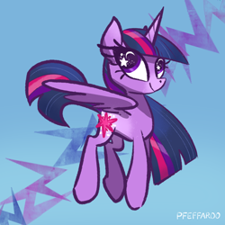 Size: 2048x2048 | Tagged: safe, artist:pfeffaroo, imported from derpibooru, twilight sparkle, alicorn, pony, abstract background, female, high res, hooves, horn, mare, signature, solo, starry eyes, twilight sparkle (alicorn), wingding eyes, wings