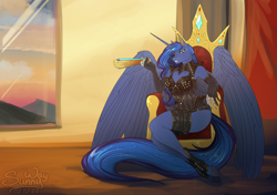 Size: 1200x845 | Tagged: safe, artist:sunny way, imported from derpibooru, princess luna, alicorn, anthro, unguligrade anthro, art, artwork, breasts, cleavage, cloud, digital art, eyebrows, eyebrows visible through hair, eyelashes, fan, fancy, feather, feathered wings, female, folded wings, horn, indoors, large wings, mare, mountain, patreon, patreon reward, sky, solo, throne, throne room, window, wings