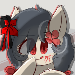 Size: 800x800 | Tagged: safe, artist:grithcourage, imported from derpibooru, oc, oc:grith courage, earth pony, pony, cute, evil, female, flower, flower in hair, hair ribbon, looking at you, piercing, red and black oc, red eyes, simple background, solo