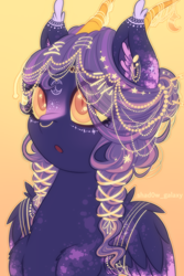 Size: 4000x6000 | Tagged: safe, artist:shad0w-galaxy, imported from derpibooru, oc, oc only, oc:jeweled sundown, pegasus, pony, absurd resolution, blushing, chest fluff, colored wings, commission, ear fluff, ear piercing, eyebrow piercing, female, folded wings, horns, jewelry, mare, multicolored hair, multicolored wings, nose piercing, piercing, purple hair, simple background, wings, yellow eyes, yellow sclera