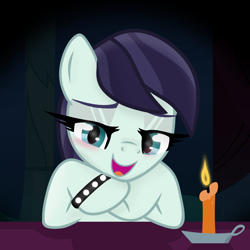 Size: 1920x1920 | Tagged: safe, artist:grapefruit-face, derpibooru exclusive, imported from derpibooru, coloratura, pony, blushing, bracelet, candle, date, happy, hoof on chin, jewelry, lidded eyes, looking at you, offscreen character, pov, solo focus, table