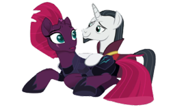 Size: 420x264 | Tagged: safe, artist:decokenite, edit, imported from derpibooru, screencap, chancellor neighsay, fizzlepop berrytwist, tempest shadow, pony, unicorn, armor, bedroom eyes, broken horn, clothes, edit screencap, female, horn, i ship it, just kiss already, looking at each other, looking at someone, male, mare, photo, robe, shipping, shipping fuel, simple background, stallion, straight, tempest neighsay, transparent background