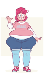 Size: 1200x2000 | Tagged: safe, artist:secretgoombaman12345, imported from derpibooru, pinkie pie, human, abstract background, belly, big belly, blushing, colored sketch, fat, female, human coloration, humanized, looking at you, muffin top, pudgy pie, smiling, smiling at you, solo, waving, wide hips