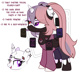 Size: 2772x2620 | Tagged: safe, artist:idkhesoff, imported from derpibooru, oc, oc only, oc:madame foresight, alicorn, hengstwolf, pony, werewolf, alicorn oc, card, clothes, ear piercing, earring, eyeshadow, fangs, female, headscarf, heterochromia, hoof shoes, horn, horn ring, jewelry, makeup, mare, mask, multiple eyes, open mouth, pants, piercing, reference sheet, ring, scarf, shirt, simple background, solo, tarot, tarot card, tongue out, white background, wings