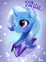 Size: 2048x2732 | Tagged: safe, artist:sjmarts, imported from derpibooru, trixie, pony, unicorn, abstract background, blaze (coat marking), bust, cape, clothes, coat markings, cute, diatrixes, eyelashes, facial markings, female, high res, horn, mare, portrait, profile, solo, text, trixie's cape