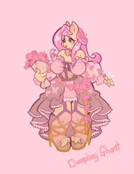 Size: 1582x2048 | Tagged: safe, alternate version, artist:dumpling_ghost, imported from derpibooru, fluttershy, anthro, pegasus, bare shoulders, big breasts, bouquet of flowers, breasts, busty fluttershy, choker, clothes, diamond ring, dress, eyebrows, female, flower, heart eyes, high heels, jewelry, pigeon toed, pink background, ring, shoes, simple background, solo, wide hips, wingding eyes