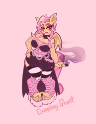 Size: 1582x2048 | Tagged: safe, alternate version, artist:dumpling_ghost, imported from derpibooru, fluttershy, anthro, bat pony, bare shoulders, bat ponified, big breasts, breasts, busty fluttershy, choker, cigarette, clothes, corset, ear piercing, earring, eyebrows, eyeshadow, female, fishnet clothing, flutterbat, hand on hip, jewelry, makeup, piercing, pigeon toed, pink background, race swap, simple background, socks, solo, striped socks, thigh highs, wide hips