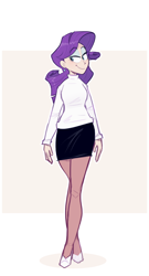 Size: 1000x1850 | Tagged: safe, artist:secretgoombaman12345, imported from derpibooru, rarity, human, clothes, colored sketch, ear piercing, earring, eyebrows, eyebrows visible through hair, eyeshadow, female, high heels, human coloration, humanized, jewelry, looking sideways, makeup, piercing, shoes, skirt, smiling, solo, stockings, thigh highs