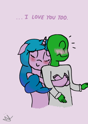 Size: 1240x1754 | Tagged: safe, artist:neonnaisedraws, imported from derpibooru, izzy moonbow, oc, oc:anon, human, pony, unicorn, blushing, canon x oc, eyes closed, female, g5, hug, hug from behind, i love you, male, my little pony: a new generation, original art, romantic, self insert, straight