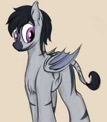 Size: 1323x1498 | Tagged: safe, artist:ahorseofcourse, imported from derpibooru, oc, oc only, oc:lunar nadir, bat pony, hybrid, zebra, bat pony oc, bat wings, beige background, chest fluff, cute, ear fluff, ear tufts, female, folded wings, hybrid oc, looking at you, mare, simple background, smiling, smiling at you, solo, tan background, wings, zebra hybrid, zebra oc, zebrat