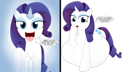 Size: 3716x2186 | Tagged: safe, artist:girlsvoreboys, imported from derpibooru, rarity, pony, unicorn, 2 panel comic, bedroom eyes, belly, big belly, comic, endosoma, female, imminent vore, looking at you, magic, magic aura, mare, mawshot, non-fatal vore, offscreen character, open mouth, pov, raripred, simple background, speech bubble, squirming, talking to viewer, text, tongue out, transparent background, uvula, vore