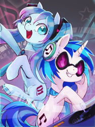 Size: 800x1067 | Tagged: safe, artist:demiesop, imported from derpibooru, kotobukiya, dj pon-3, vinyl scratch, earth pony, pony, unicorn, anime, crossover, duo, female, hatsune miku, headphones, kotobukiya hatsune miku pony, mare, ponified, smiling, turntable, vocaloid