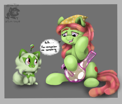 Size: 2999x2568 | Tagged: safe, artist:valemjj, imported from derpibooru, tree hugger, earth pony, pony, bloodshot eyes, bong, crossover, eye contact, grammar error, headscarf, looking at each other, looking at someone, pokémon, scarf, simple background, sprigatito, text, watermark