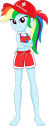Size: 800x2078 | Tagged: safe, artist:steyrrdash, imported from derpibooru, rainbow dash, equestria girls, bare shoulders, barefoot, belly button, clothes, crossed arms, feet, female, hat, lifeguard, lifeguard dash, rainbow dashs coaching whistle, show accurate, simple background, sleeveless, smiling, solo, swimming trunks, swimsuit, transparent background, vector, whistle
