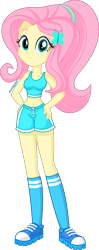 Size: 800x2018 | Tagged: safe, artist:steyrrdash, imported from derpibooru, fluttershy, equestria girls, bare shoulders, belly button, clothes, female, hand on hip, jogging, shorts, show accurate, simple background, sleeveless, socks, solo, sports bra, sports shoes, sports shorts, transparent background, vector